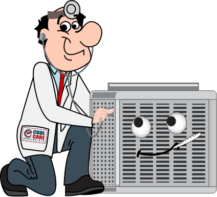 The Cool Care Doctor Mascot treating a sick HVAC unit.