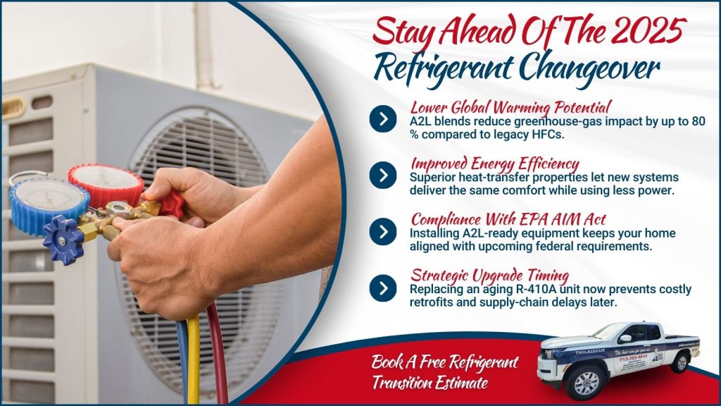 This is an image of an HVAC technician checking refrigerant levels. The headline reads stay ahead of the 2025 refrigerant change over.