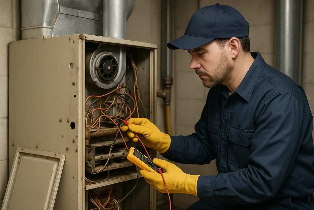 Technician inspecting aging furnace unit for performance issues