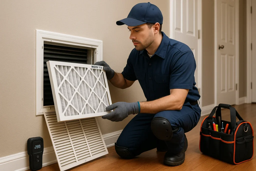 HVAC tech replaces high-efficiency air filter with IAQ meter during residential indoor air inspection