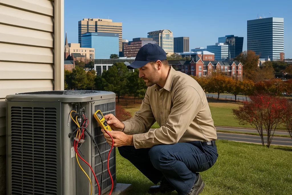 HVAC technician tests condenser unit with multimeter in Columbia, SC