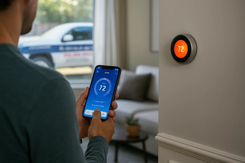 West Houston homeowner controls smart thermostat via smartphone app in modern living room