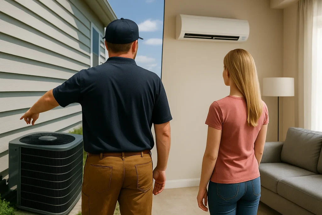 Technician explaining installation differences between central AC and ductless mini-split