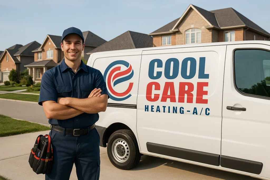 HVAC technician standing beside service van at residential home