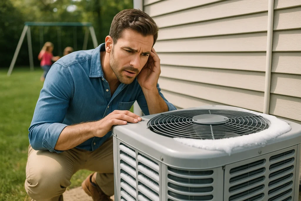 An image of a homeowner on the side of his house, listening for strange noises from his AC condenser unit