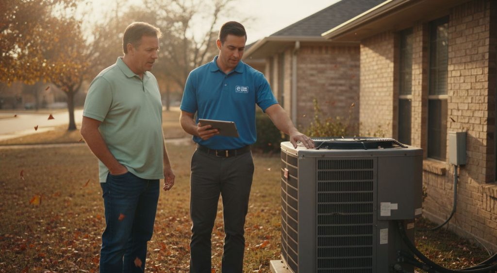 An HVAC technician and a homeowner discussing a new AC condenser unit on the side of this house.