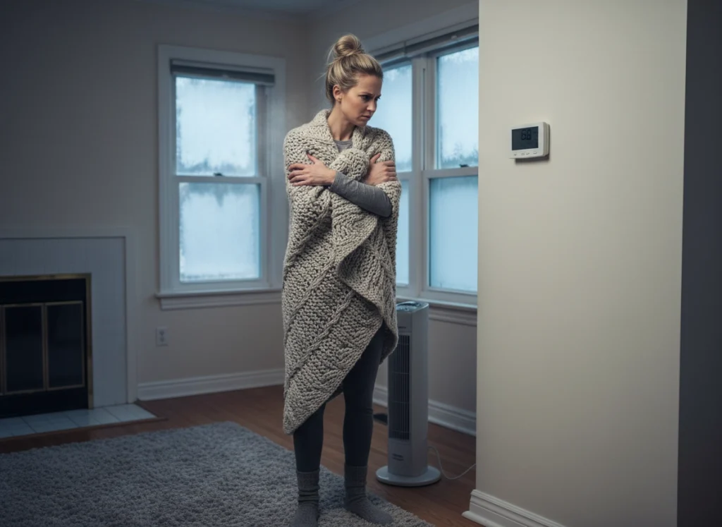 Homeowner cold indoors checking thermostat while heating system underperforms.