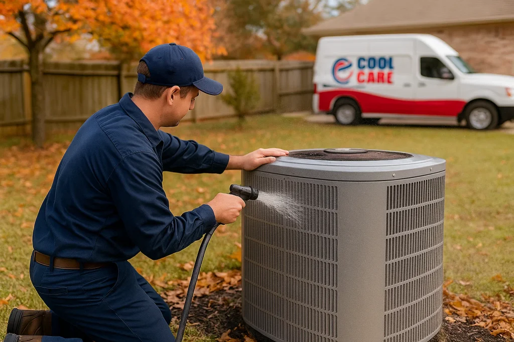 Technician cleaning outdoor condenser coil during HVAC maintenance in Houston
