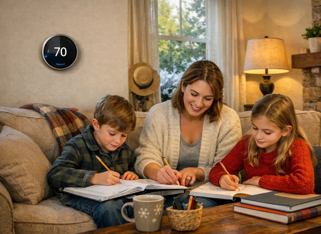 A mother and her children on the couch in their living room as the mother helps them with their homework. The thermostat on the wall 70°.