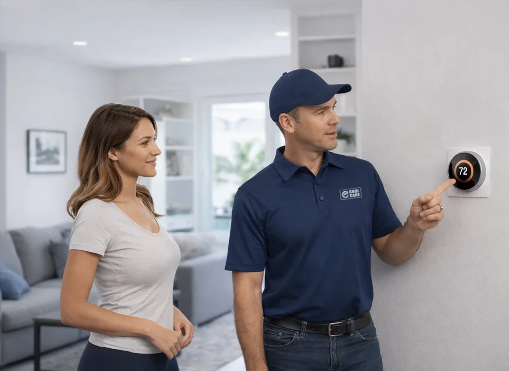 Homeowner and HVAC technician demonstrating smart thermostat comfort