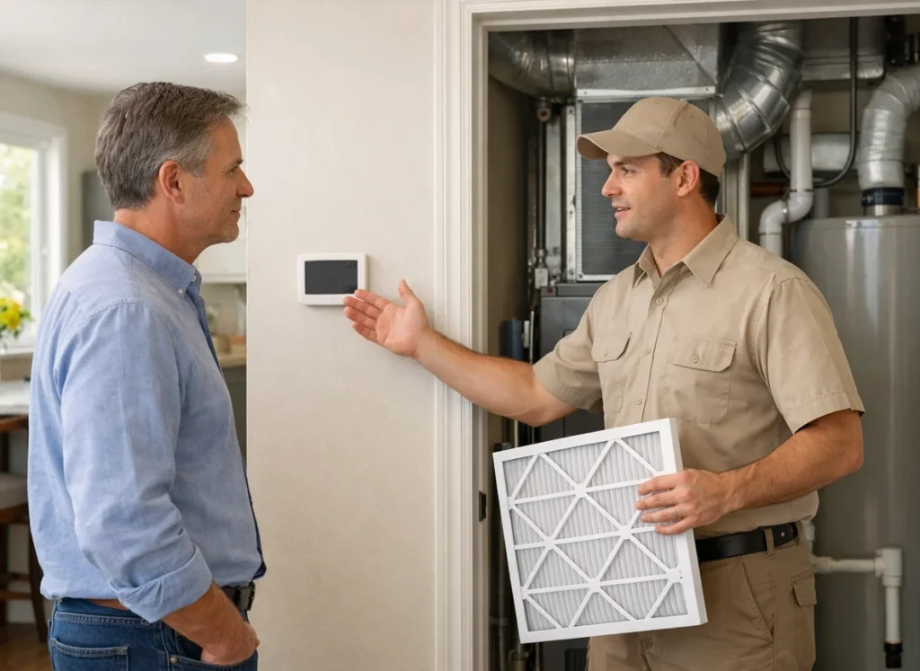 Homeowner learning how spring HVAC maintenance prevents breakdowns