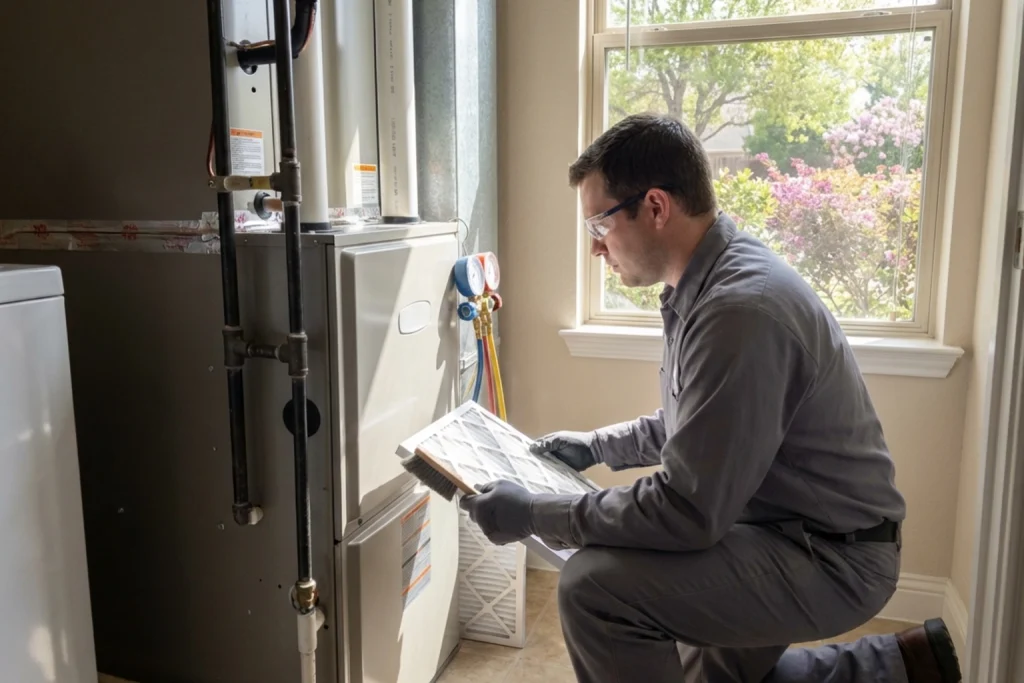 HVAC technician replacing air filter during allergy season maintenance