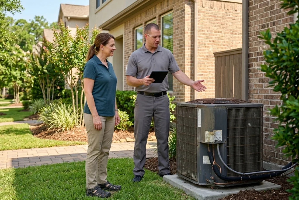 Houston homeowner discussing air conditioner lifespan
