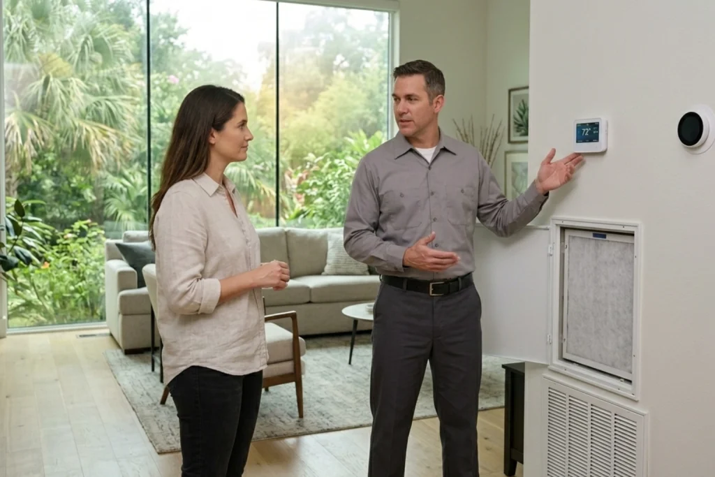 HVAC technician inspecting filtration and humidity control system