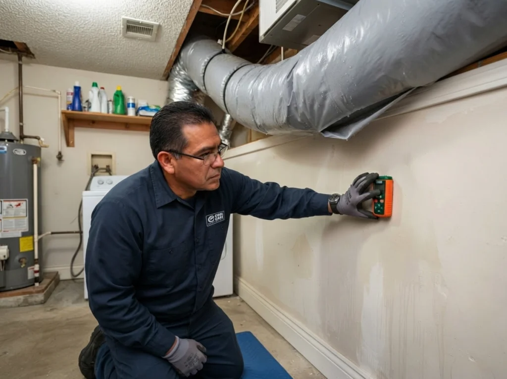 HVAC technician checking moisture near ductwork after a Houston storm